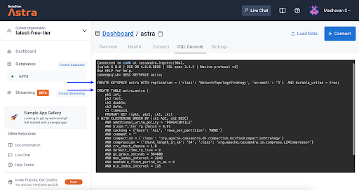 Screenshot of data model schema in Astra dashboard