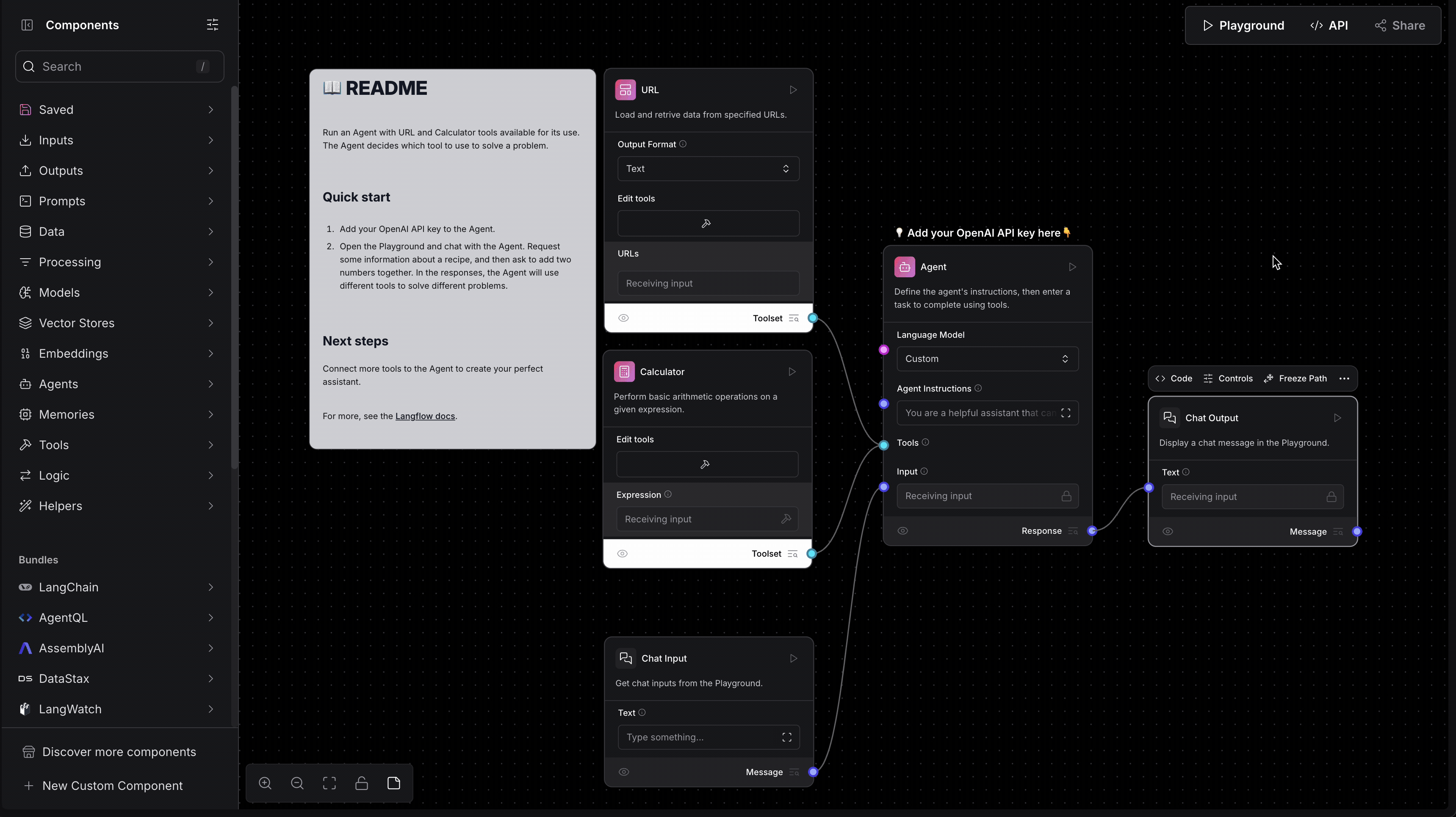 Pull the Ollama model component over from the left hand side menu and connect the "Language Model" nodes