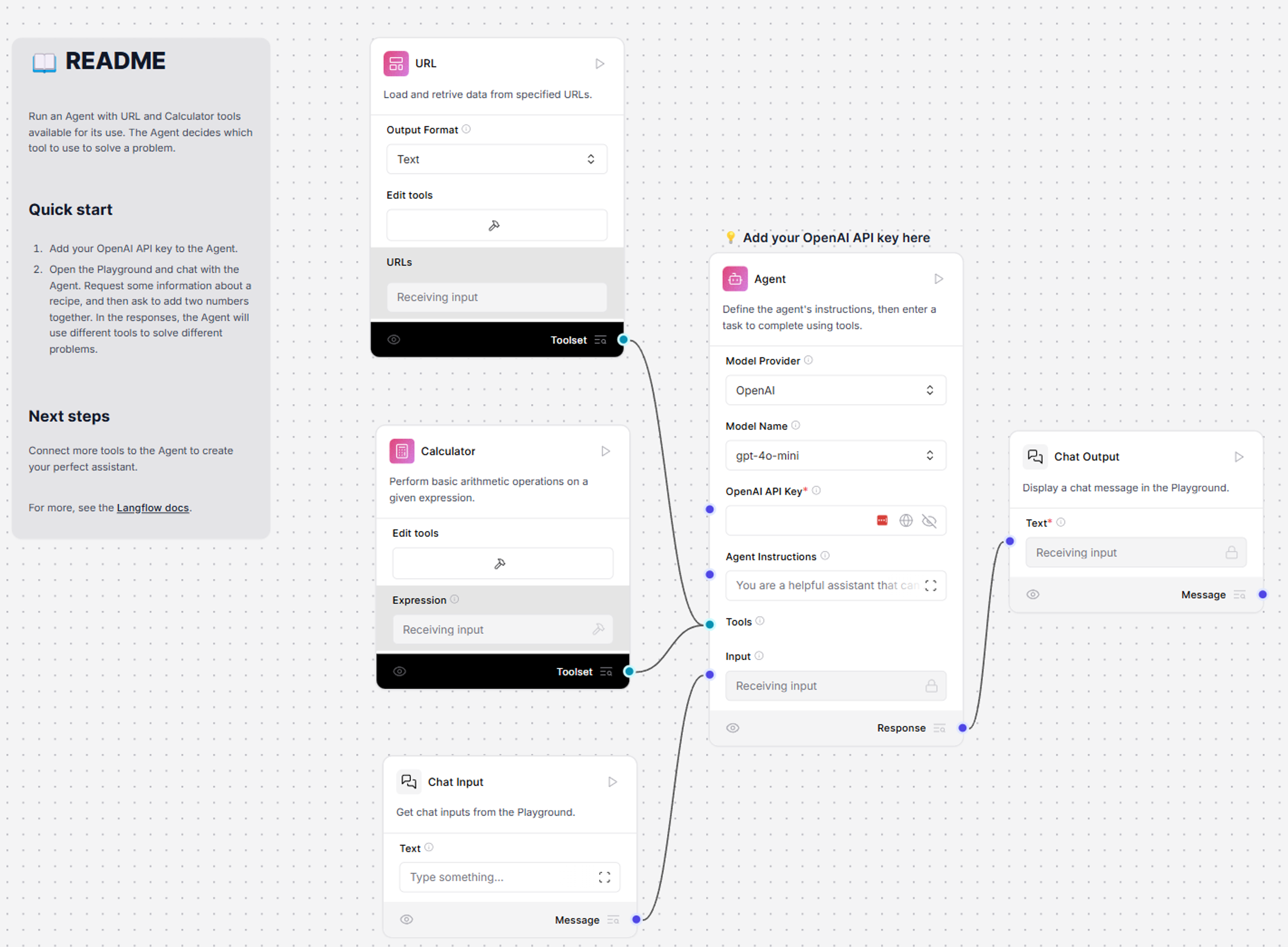 DataStax Langflow diagram showing an agent with tools