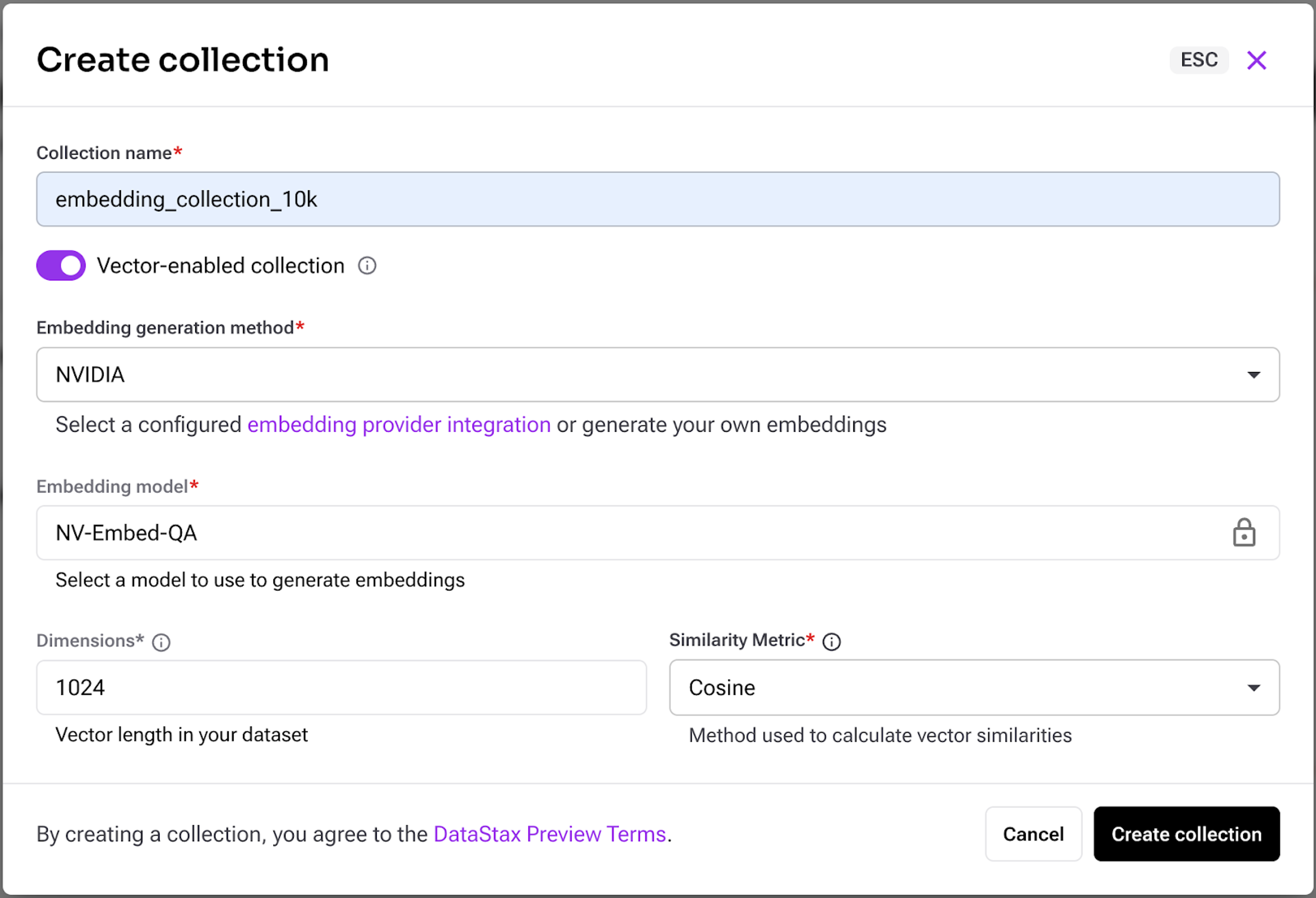 set up a vector-enabled collection with NVIDIA's open-source embedding model