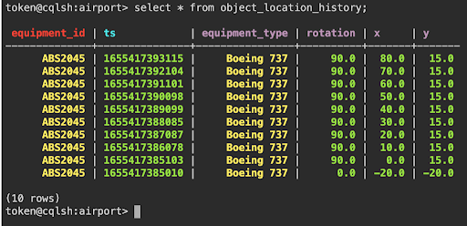 Screen showing the object_location_history table data