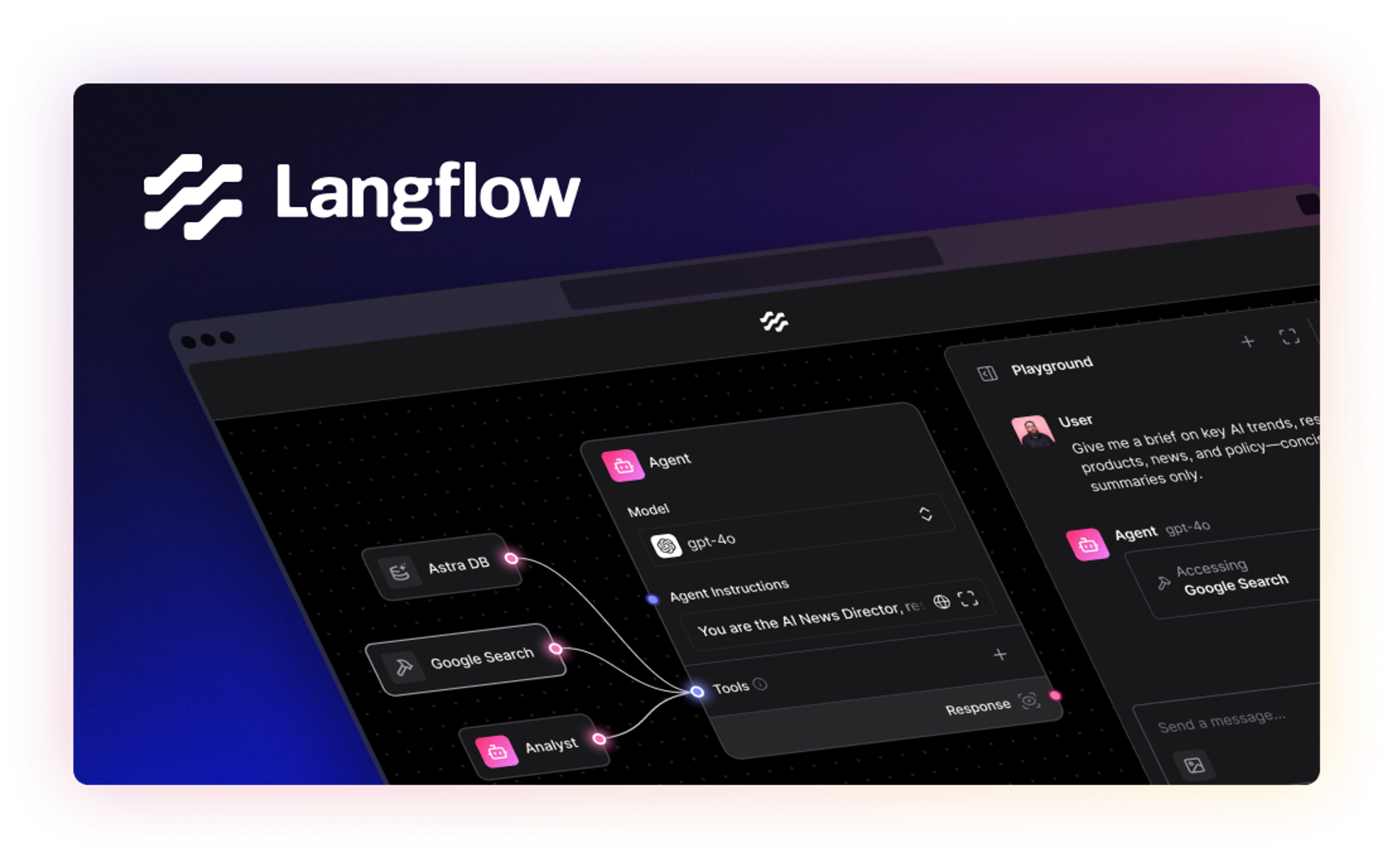 Langflow provides a visual interface for building LangChain applications