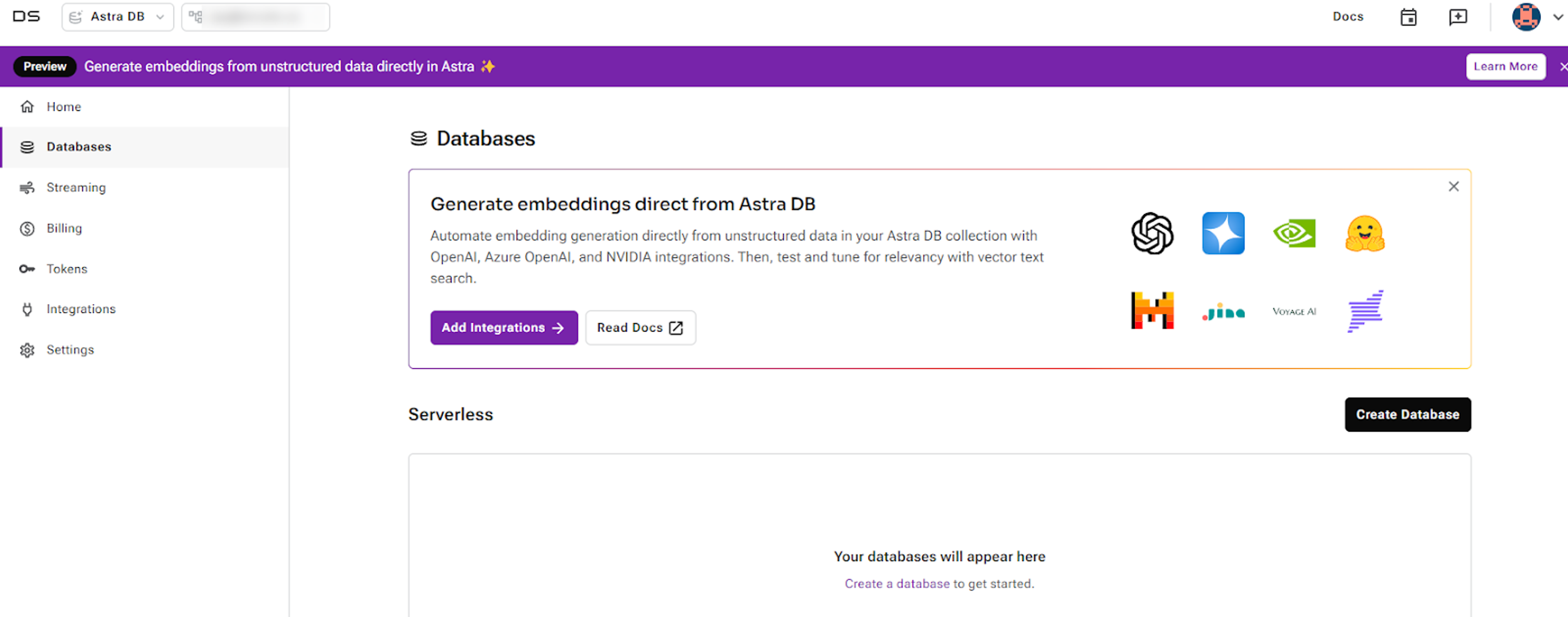 Astra dashboard databases screen