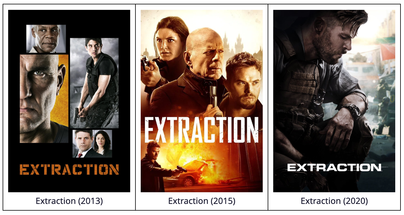 Image of three different movies sharing the same "Extraction" title.