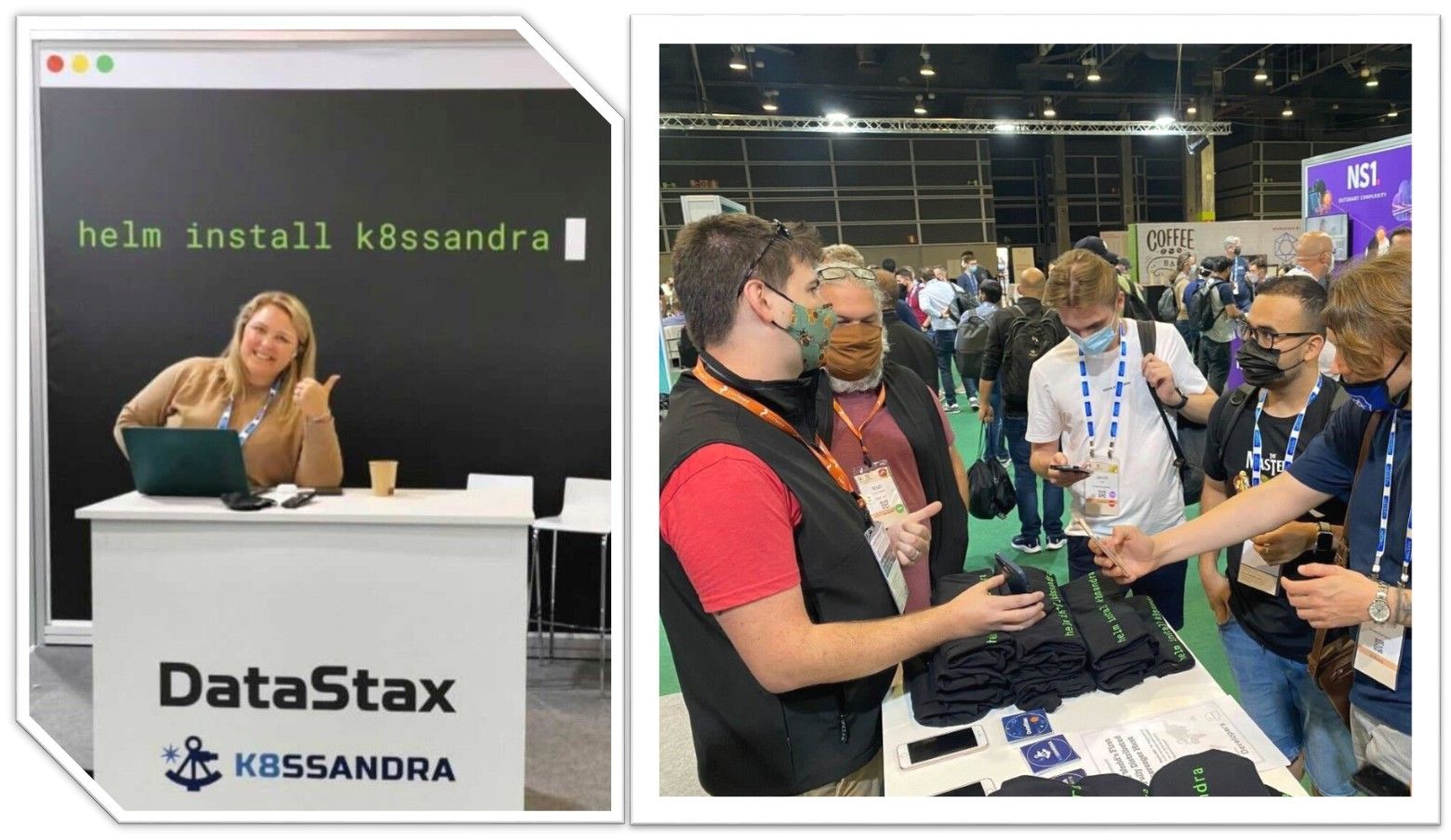 Images of DataStax booth at KubeCon 22 Europe and developers discussing their projects with DataStax engineers