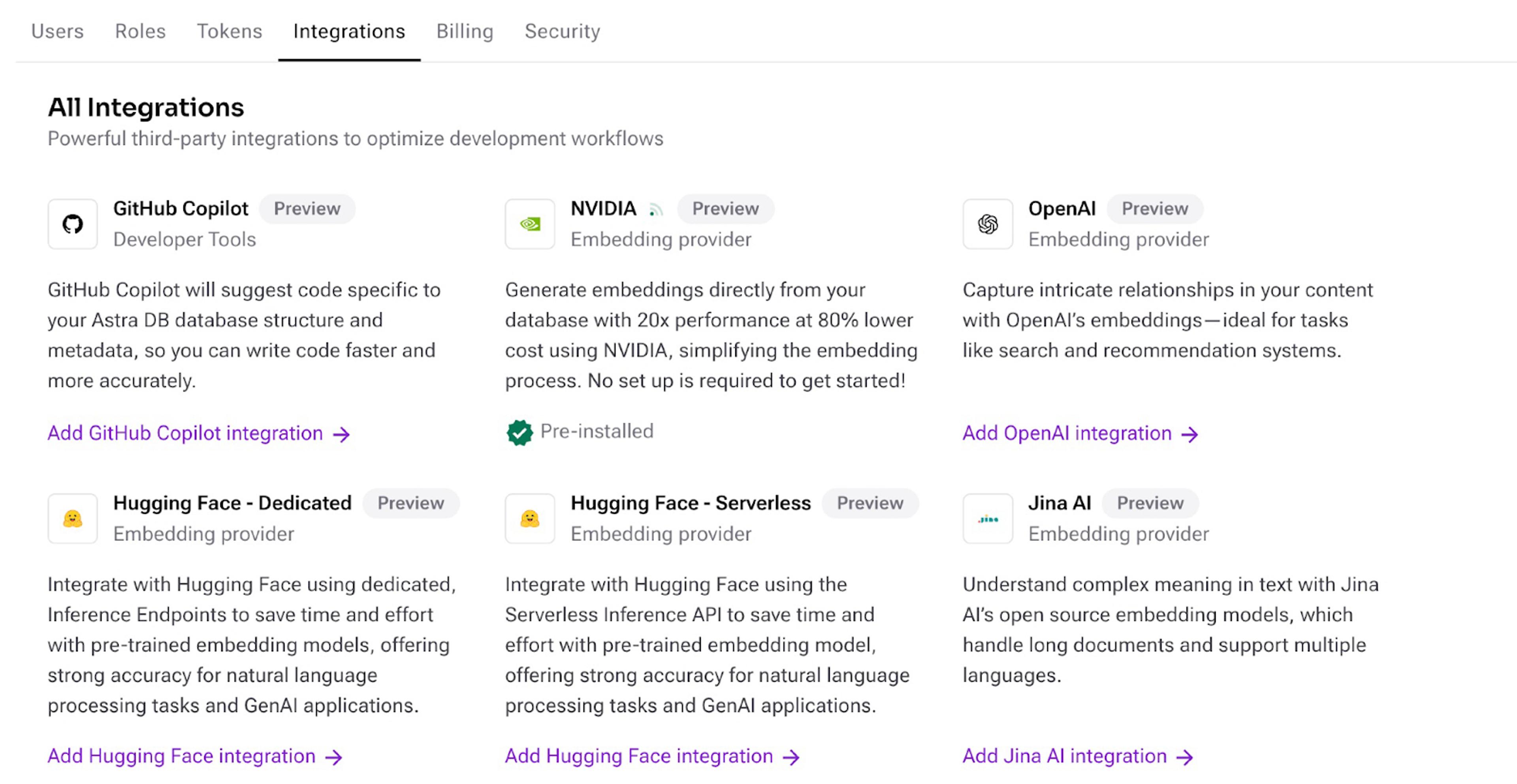 vector embedding providers integrated with Astra DB