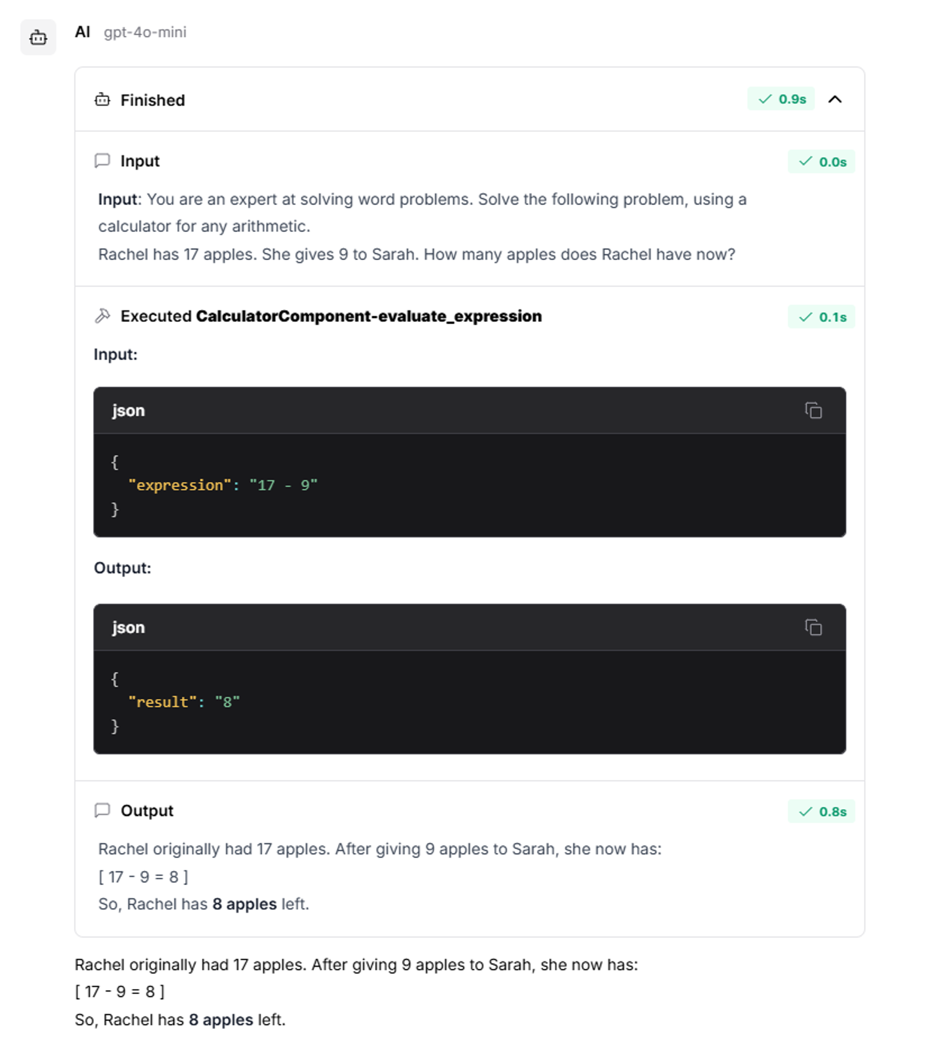 Our sample agent using a calculator to perform math on word problems