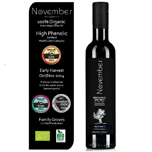 A bottle of November, a top 5 extra virgin olive oil for polyphenol count.