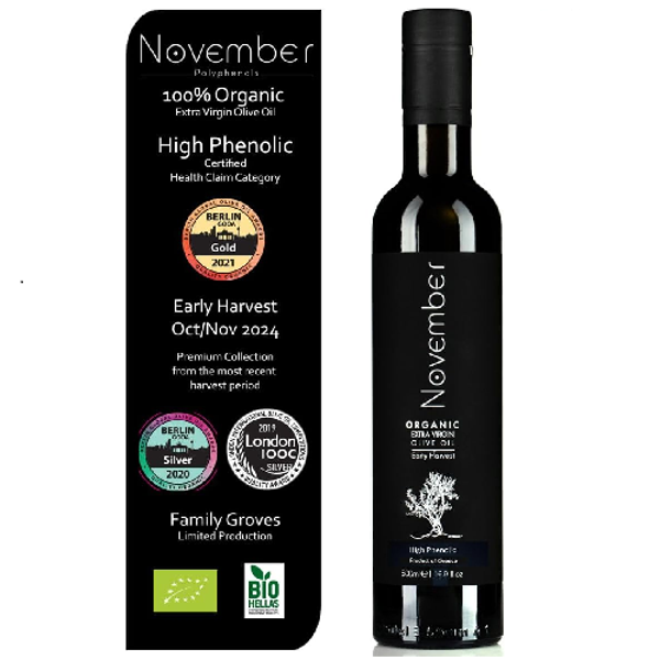 A bottle of November extra virgin olive oil