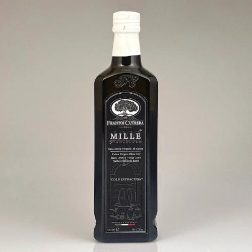 A bottle of Frantoi Cutrera Mille, an ultra premium extra virgin olive oil.