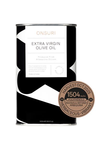 A bottle of ONSURI Arbequina, a Preorder 25/26 Harvest high polyphenol oil.