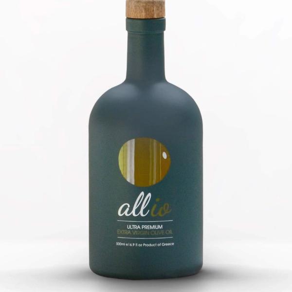 A bottle of allio Ultra Premium extra virgin olive oil