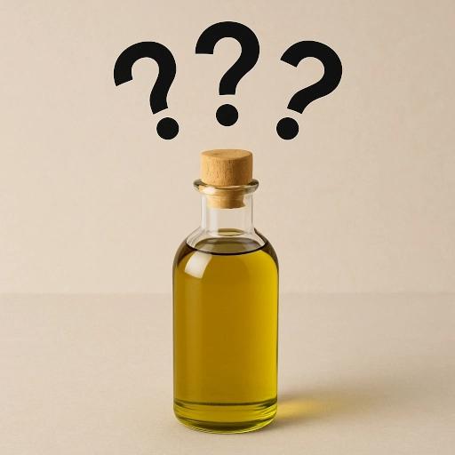 Bottle of olive oil with three question marks above it