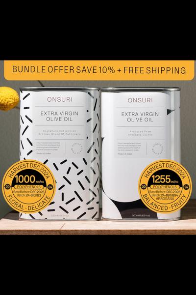 A bottle of Signature & Arbosana Bundle, a High Polyphenol Starter Set high polyphenol oil.