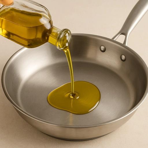 A bottle of olive oil being poured into a frying pan