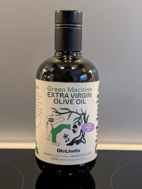 A bottle of Green Machine polyphenol olive oil from OlvLimits