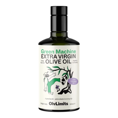 A bottle of OlvLimits Green Machine, an ultra premium extra virgin olive oil.