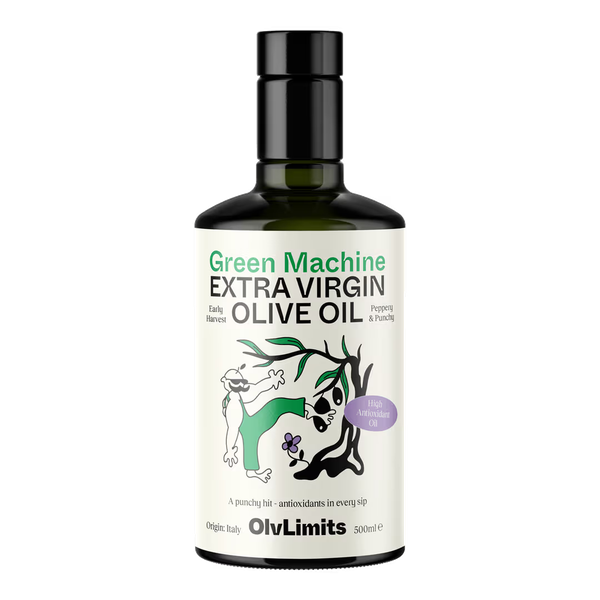 A bottle of OlvLimits Green Machine extra virgin olive oil