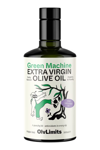 A bottle of OlvLimits Green Machine, a OlvLimits Sale high polyphenol oil.