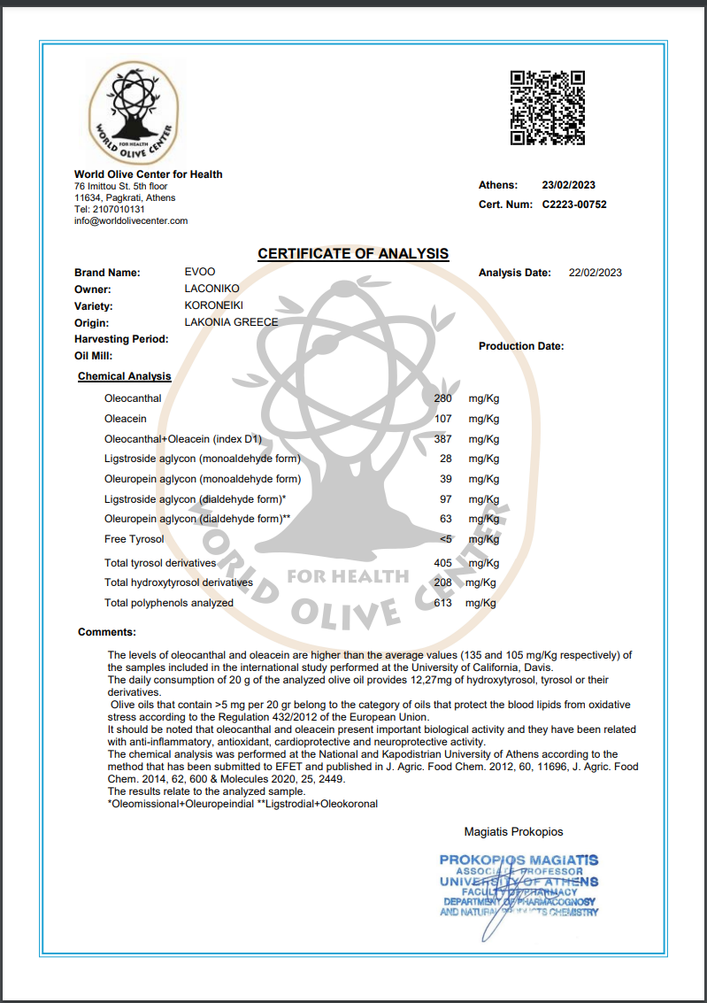 A certificate of analysis from the World Olive Center for Health