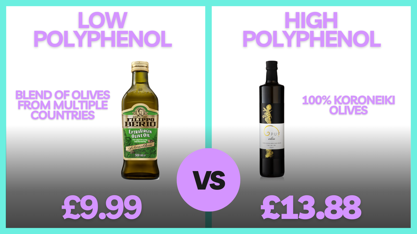 Comparison between Filippo Berio and high polyphenol Opus Oléa olive oil