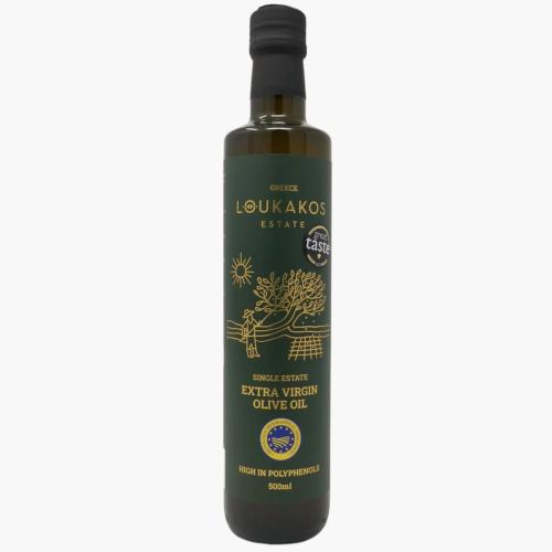 A bottle of Loukakos Estate, an ultra premium extra virgin olive oil.