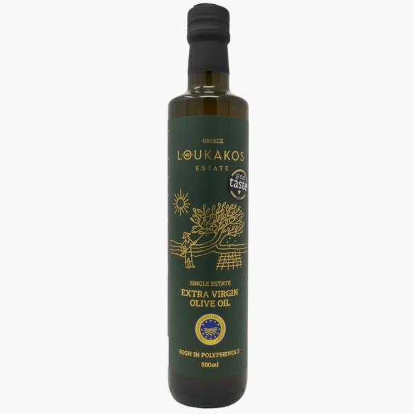 A bottle of Loukakos Estate extra virgin olive oil
