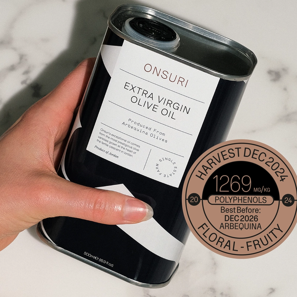 A bottle of ONSURI Arbequina extra virgin olive oil