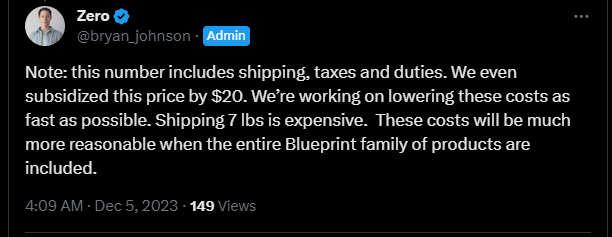 Tweet from Bryan Johnson talking about shipping cost to the UK.