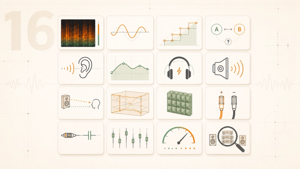 Sixteen browser audio tools shown as a cohesive four-by-four engineering workbench Sixteen browser audio tools shown as a cohesive four-by-four engineering workbench