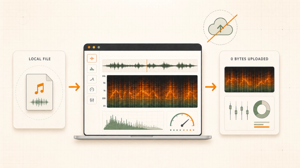 Local audio processing flow showing an audio file analyzed in the browser with zero upload Local audio processing flow showing an audio file analyzed in the browser with zero upload