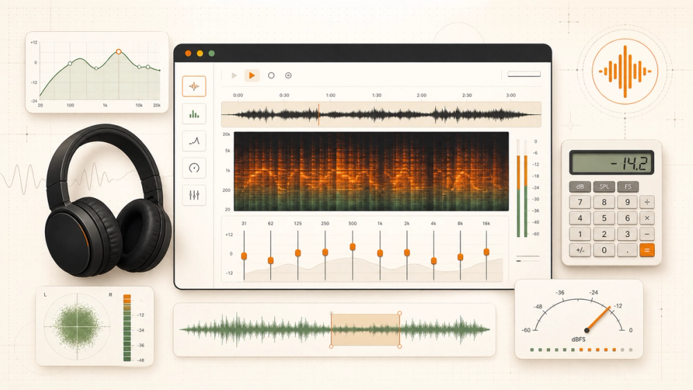 TheAudioStuff browser audio workbench with waveform, spectrum, equalizer, headphones, and calculators