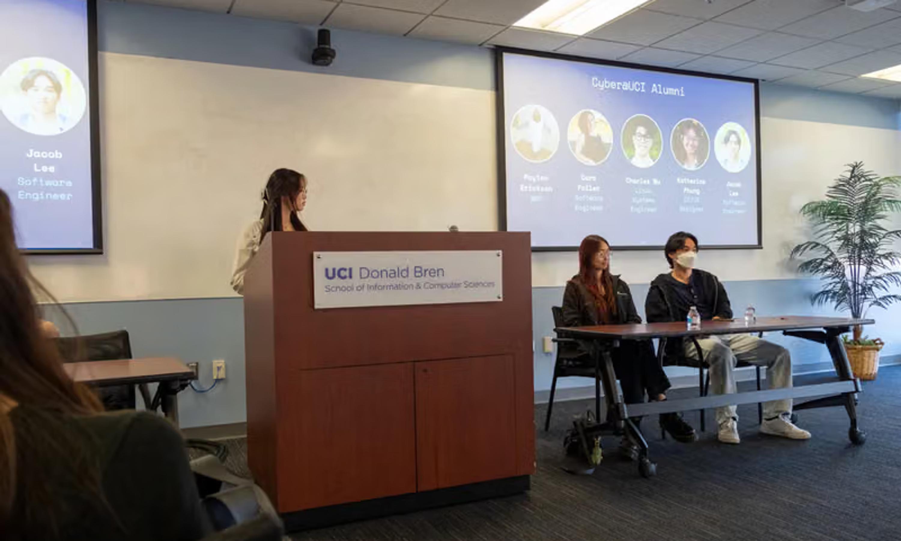 Spring 2026 Alumni Panel - Niva, Cyber@UCI's Outreach Lead, facilitating the event.