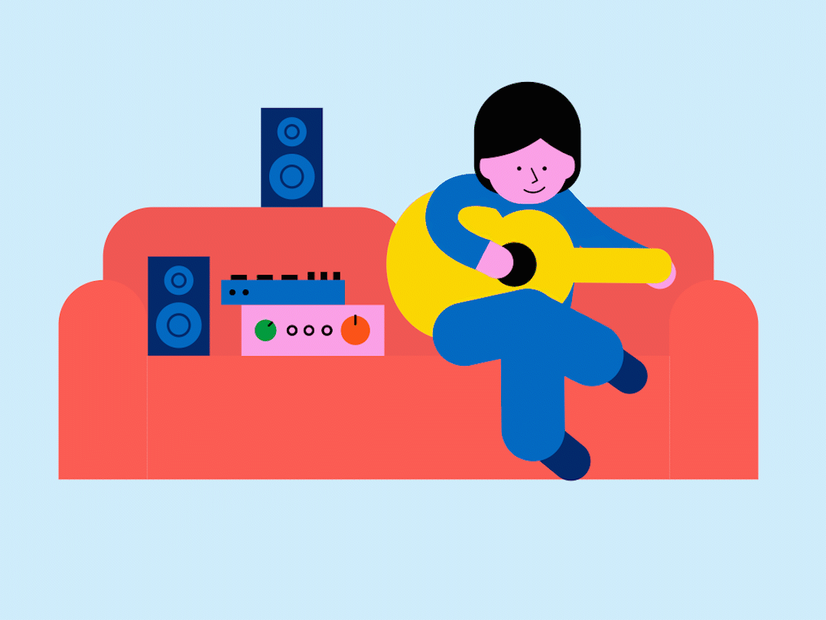 Illustrasjon av person i sofa som spiller gitar
