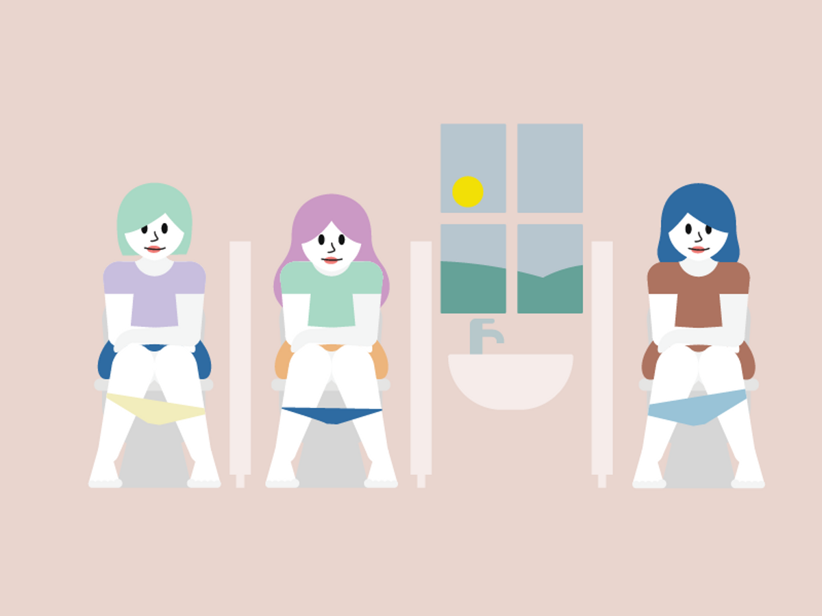 En illustrasjon som viser tre kvinner som sitter på toalettet og smiler