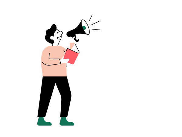 Illustrasjon av mann som leser bok høyt gjennom en megafon