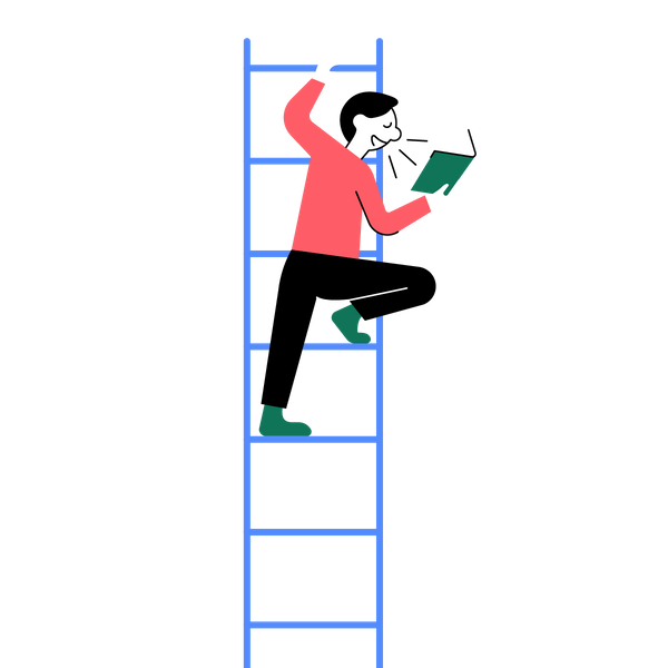 Illustrasjon av mann i en stige som leser bok