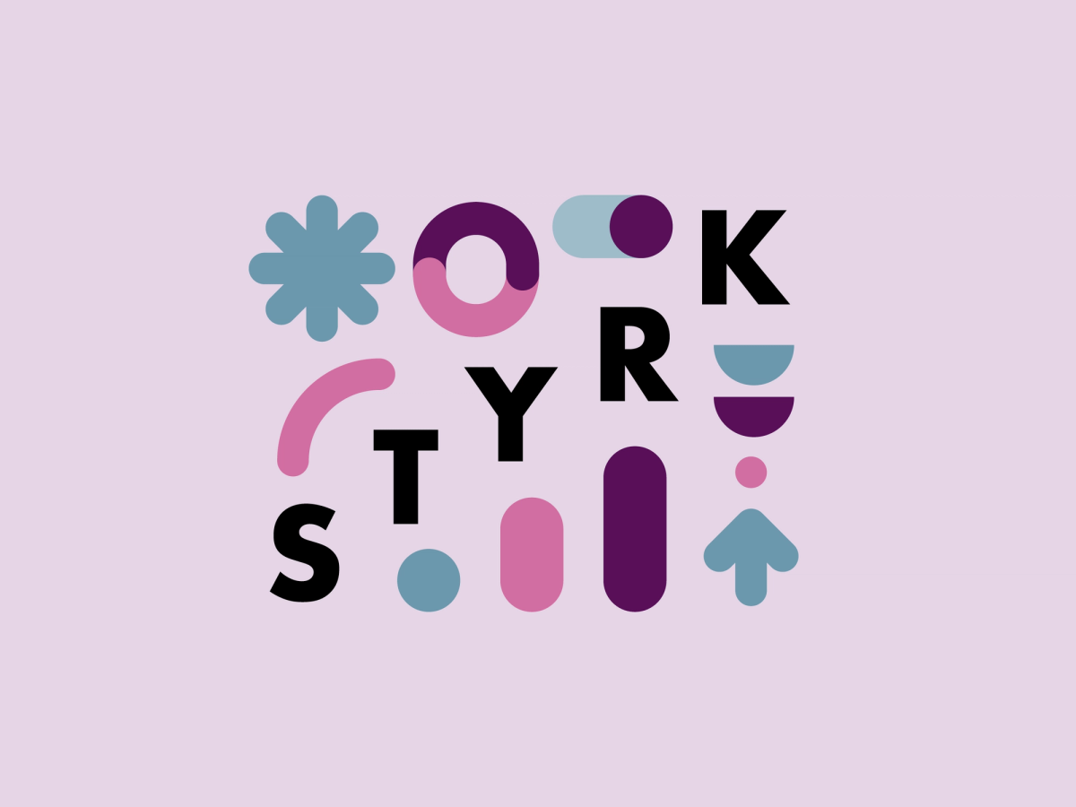 Grafiske elementer i blått, rosa og lilla med navnet STYRK skrevet diagonalt