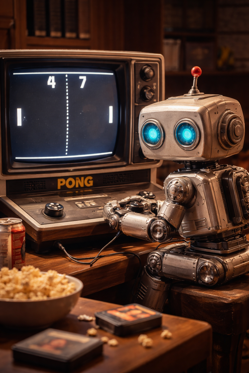 A robot is playing a game on a computer