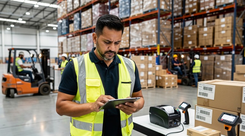 A warehouse logistics manager concernedly reviewing cost reports amid busy operations.