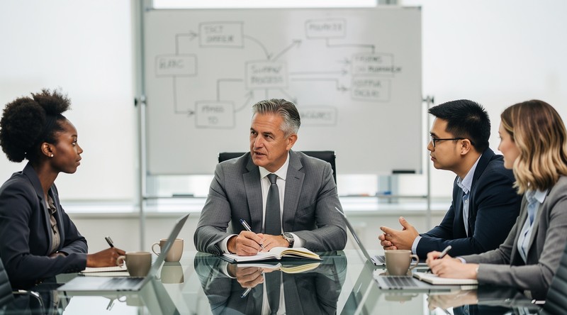 A supply chain consultant interviewing a diverse team of department heads in a meeting.