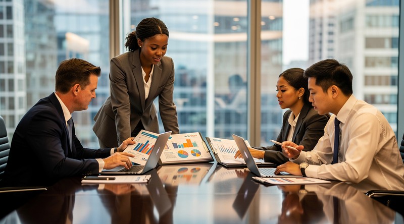 Diverse team reviewing supply chain case studies around conference table.