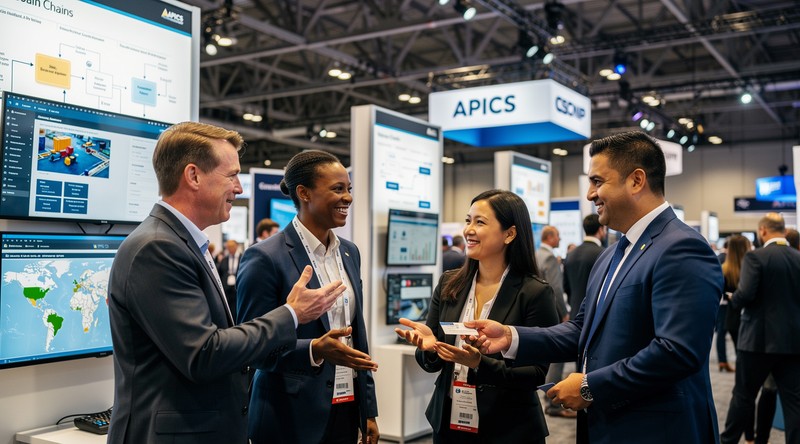 Diverse supply chain professionals networking at an industry conference trade show.