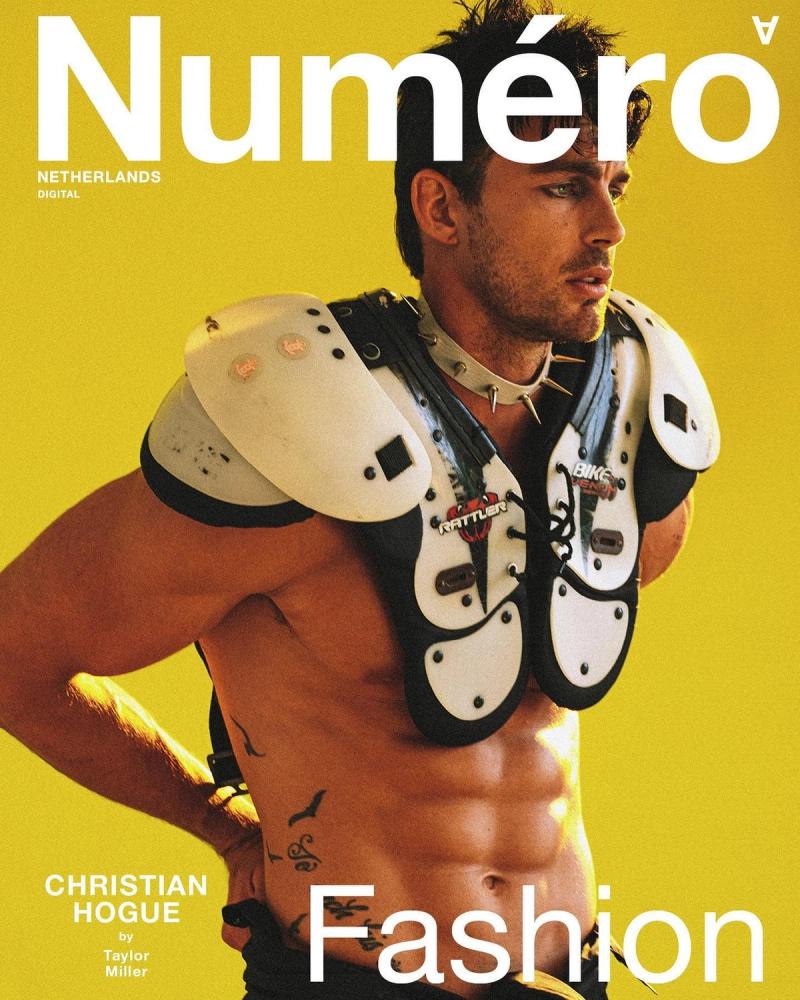 Model Christian Hogue, wearing a vintage football pads, photographed for Numéro Netherlands shot by photographer Taylor Miller.
