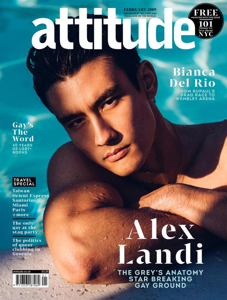 Celebrity Alex Landi, posing in a pool, photographed for Attitude Magazine by photographer Taylor Miller.