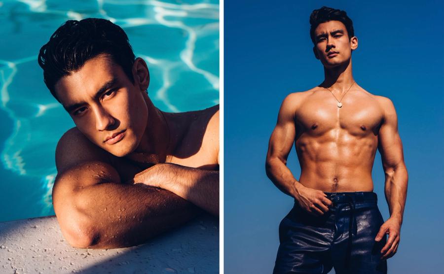 Actor Alex Landi, posing shirtless on a bright sunny day, photographed in Los Angeles by fashion and celebrity photographer Taylor Miller who is located in Brooklyn, NY. 