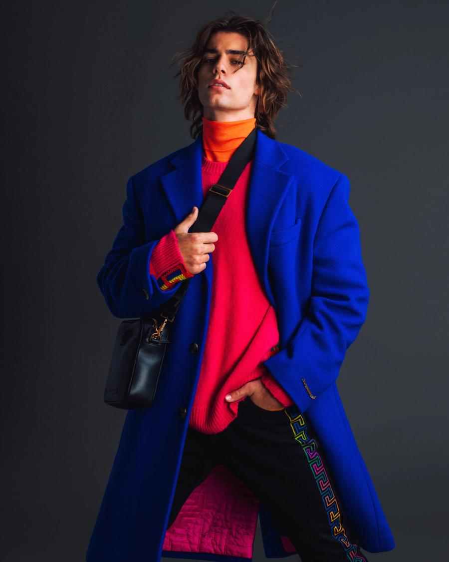 Model Corrado Martini, wearing a full Versace look, photographed for L'Officiel Hommes Poland shot by photographer Taylor Miller.