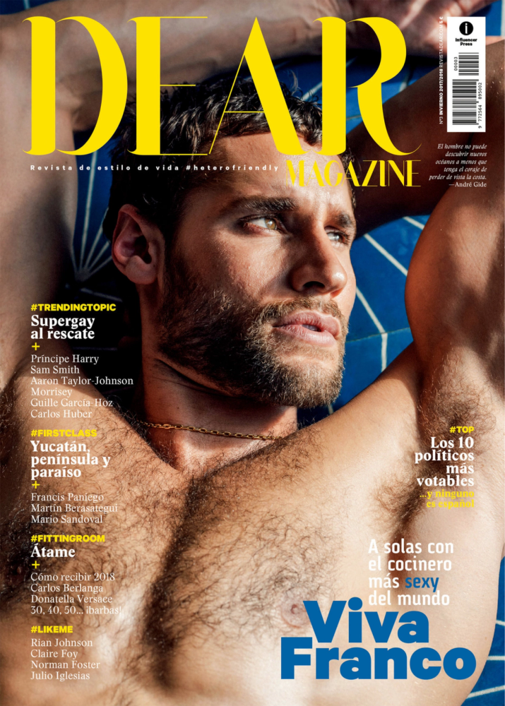 Franco Noriega, billed as the sexiest cook in the world, shirtless in a gold chain on the cover of DEAR Magazine, photographed by Taylor Miller.