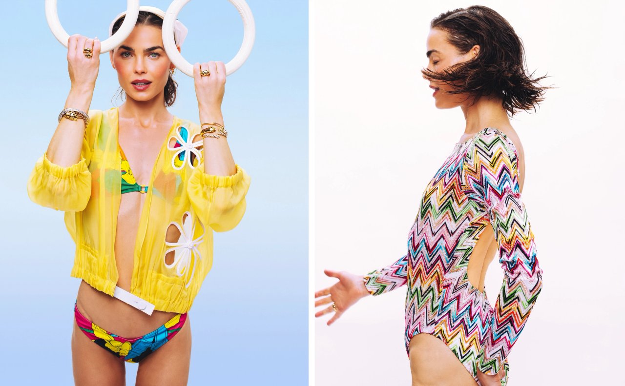 Bambi Northwood-Blyth in a yellow sheer jacket and floral bikini beside a second look in a colorful zigzag swimsuit, photographed by Taylor Miller.