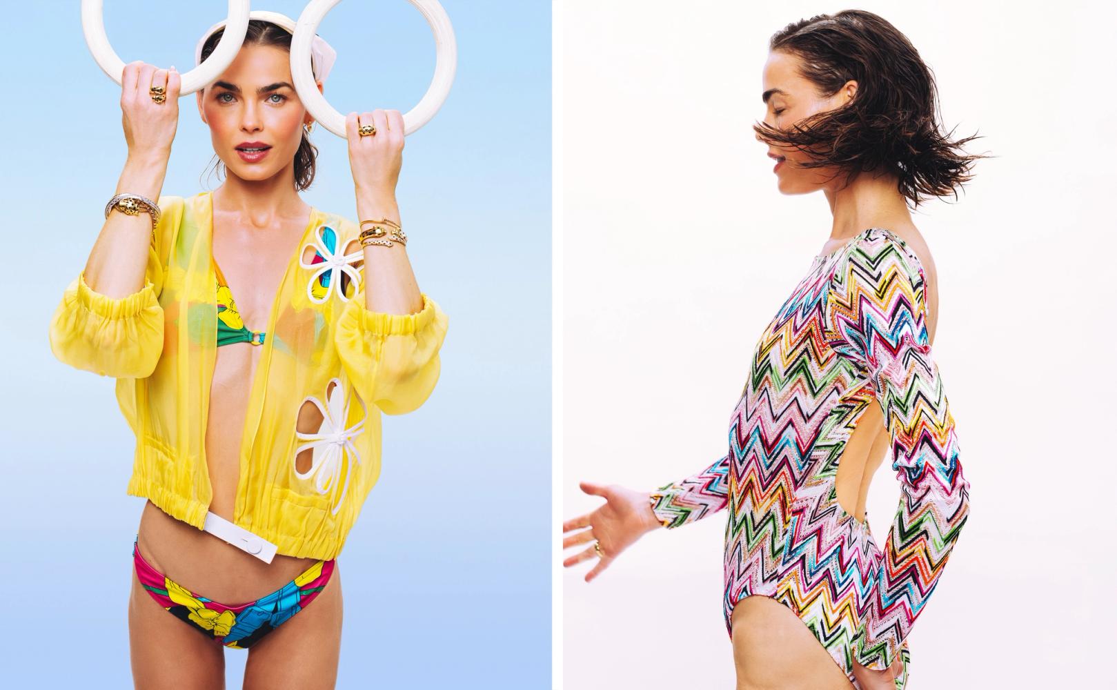 Bambi Northwood-Blyth in a yellow sheer jacket and floral bikini beside a second look in a colorful zigzag swimsuit, photographed by Taylor Miller.